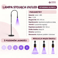 Lampa UV do rzęs Premium na statywie, 405-410 nm, 5 poziomów jasności, pedał nożny