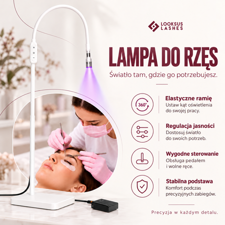 Lampa UV do rzęs Premium na statywie, 405-410 nm, 5 poziomów jasności, pedał nożny