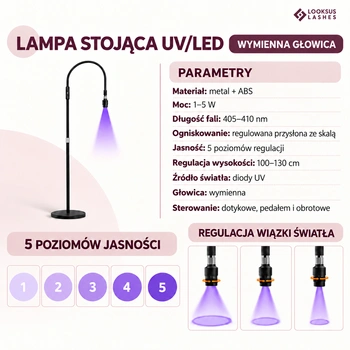Lampa UV do rzęs Premium na statywie, 405-410 nm, 5 poziomów jasności, pedał nożny